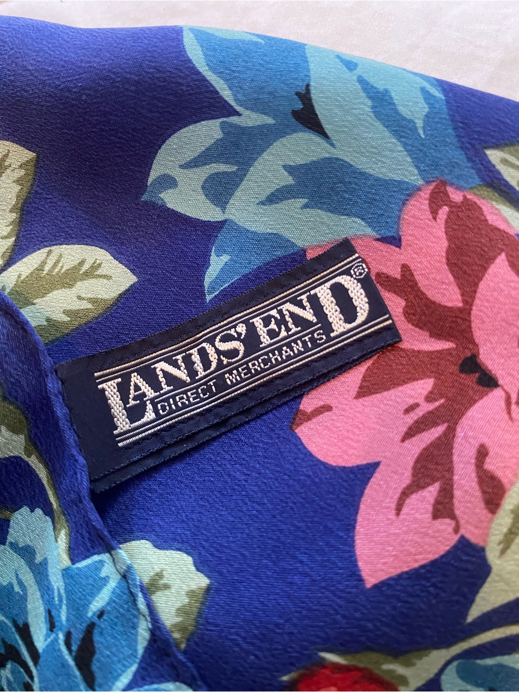 Lands' End Silk Floral Scarf In Navy With Pink And Red Blooms Boho Cottagecore